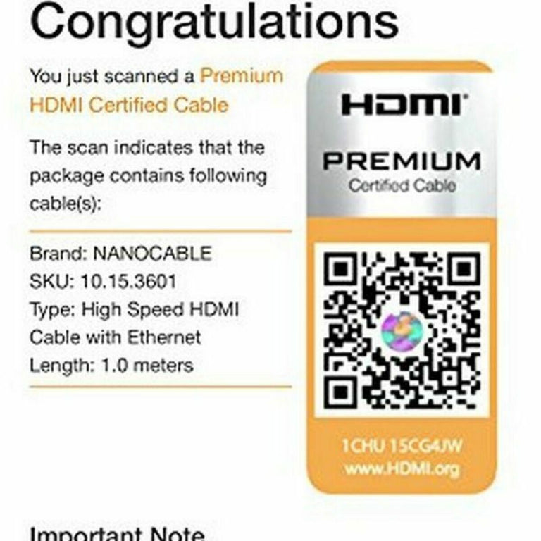 Câble HDMI NANOCABLE HDMI V2.0, 1m V2.0 4K 1 m Noir 1 m