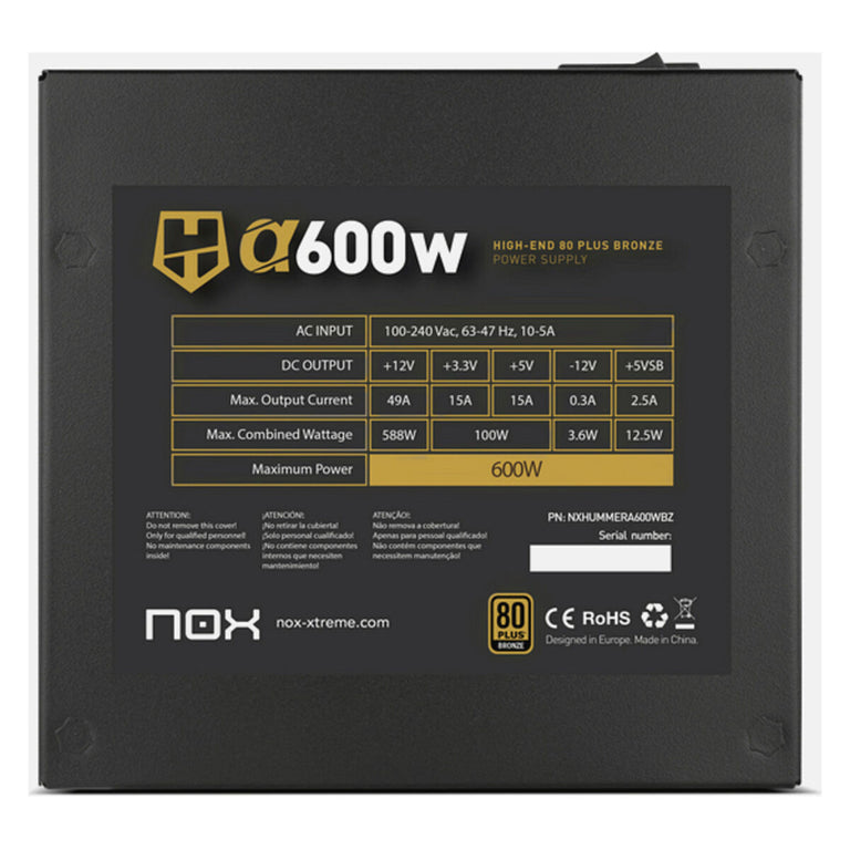 Power supply Nox NXHUMMERA600WBZ ATX 600 W 80 Plus Bronze 600 W